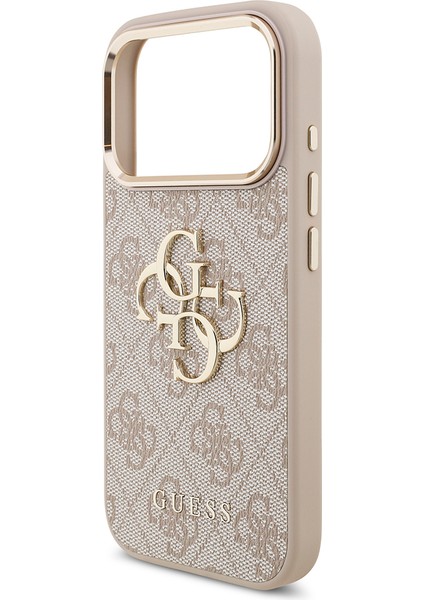 iPhone 17 Pro Kılıf Guess Lisanslı Gold Kamera Çerçeveli 4g Desenli Büyük 4g ve Yazı Logolu Pembe