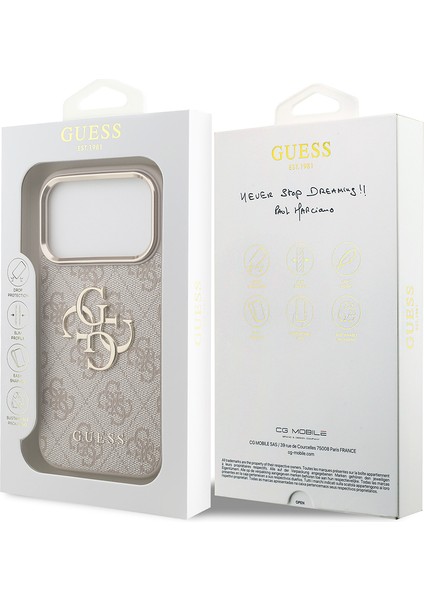 iPhone 17 Pro Kılıf Guess Lisanslı Gold Kamera Çerçeveli 4g Desenli Büyük 4g ve Yazı Logolu Pembe