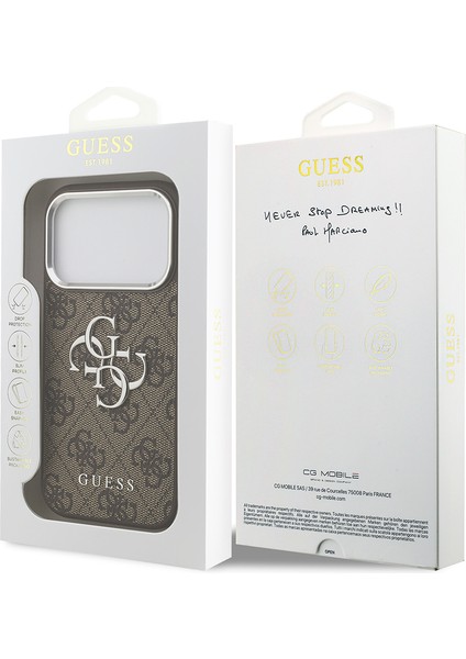 iPhone 17 Pro Kılıf Guess Lisanslı Gümüş Kamera Çerçeveli 4g Desenli Büyük 4g ve Yazı Logolu Kahve