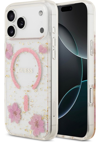 iPhone 17 Pro Max Uyumlu Kılıf Guess Lisanslı M-Safe Özellikli Transparan Resin Flowers Kapak Pembe