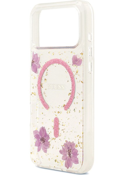 iPhone 17 Pro Max Uyumlu Kılıf Guess Lisanslı M-Safe Özellikli Transparan Resin Flowers Kapak Pembe