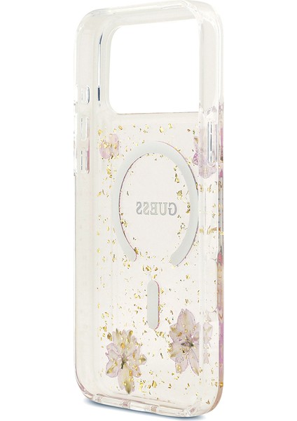 iPhone 17 Pro Max Uyumlu Kılıf Guess Lisanslı M-Safe Özellikli Transparan Resin Flowers Kapak Pembe