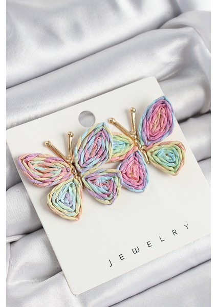 Pirinç Rainbow Kelebek Model Gold Renk Kadın Hasır Küpe