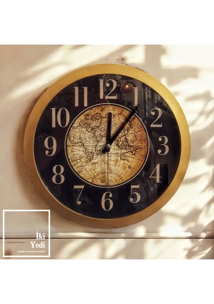 Raul 35 cm Vintage Dünya Haritalı Duvar Saati, Siyah Gold Çerçeve, Retro Ofis Salon Dekoru