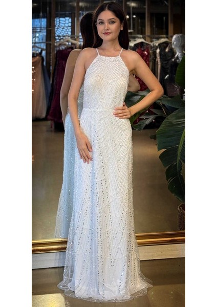 Beyaz Halter Yaka Ip Askılı Düz Kesim Pullu Boncuklu Uzun Abiye Elbise 11103-05