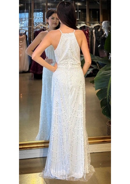 Beyaz Halter Yaka Ip Askılı Düz Kesim Pullu Boncuklu Uzun Abiye Elbise 11103-05 indirimleri