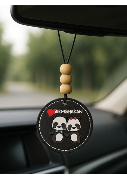 Kişiye Özel Isim Yazılı 1.sınıf Deri Oto Aksesuar Dikiz Aynası Süsü Siyah - Panda