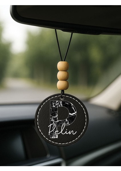 Kişiye Özel Isim Yazılı 1.sınıf Deri Oto Aksesuar Dikiz Aynası Süsü Siyah - P Harfi