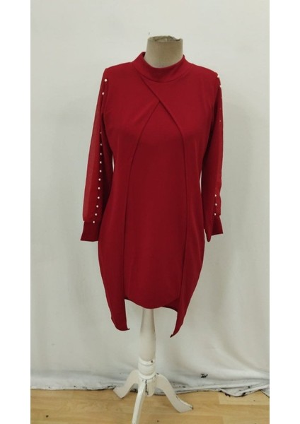 Kadın Uzun Kollu Yarı Balıkçı Yaka Tül ve Inci Detaylı Kısa Ithal Krep Midi Elbise fırsatları