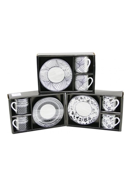 Siyah - Beyaz 4pcs=2-Takım Porselen Kahve Fincanı Çiçek - Çizgi - Nokta Mix Desen (5324)