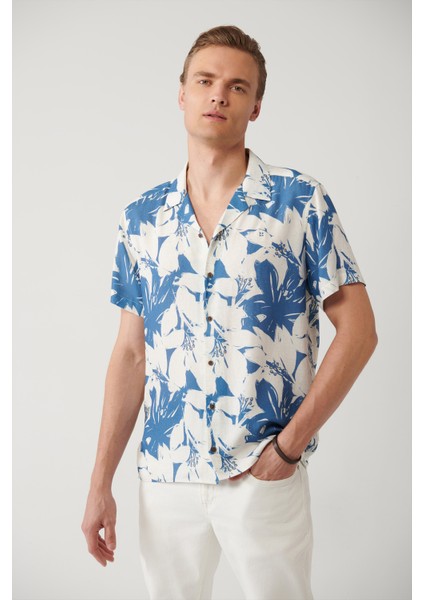 Erkek Mavi Apaj Yaka Viskon Keten Karışımlı Kısa Kollu Regular Fit Gömlek A41Y2145