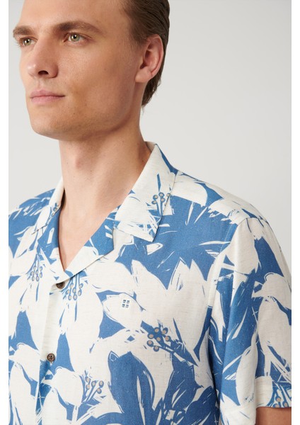 Erkek Mavi Apaj Yaka Viskon Keten Karışımlı Kısa Kollu Regular Fit Gömlek A41Y2145