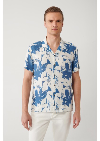 Erkek Mavi Apaj Yaka Viskon Keten Karışımlı Kısa Kollu Regular Fit Gömlek A41Y2145