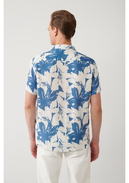 Erkek Mavi Apaj Yaka Viskon Keten Karışımlı Kısa Kollu Regular Fit Gömlek A41Y2145