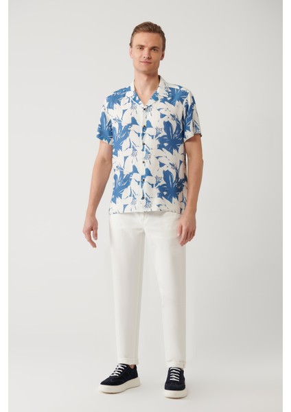 Erkek Mavi Apaj Yaka Viskon Keten Karışımlı Kısa Kollu Regular Fit Gömlek A41Y2145