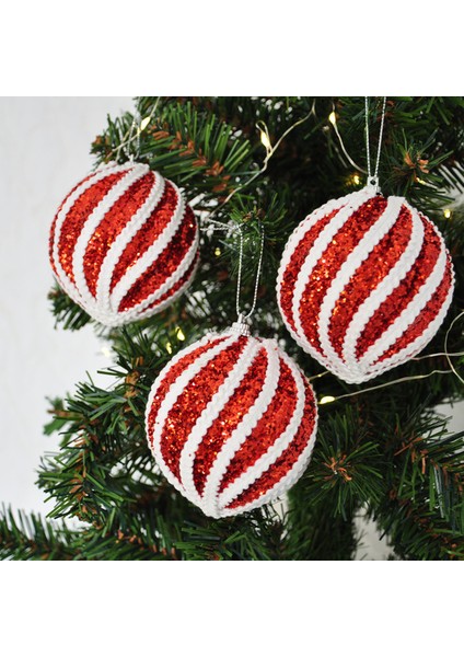 8 cm Beyaz Halatlı Kırmızı Yılbaşı Ağaç Süsleme Topu 3lü Pvc Kutulu
