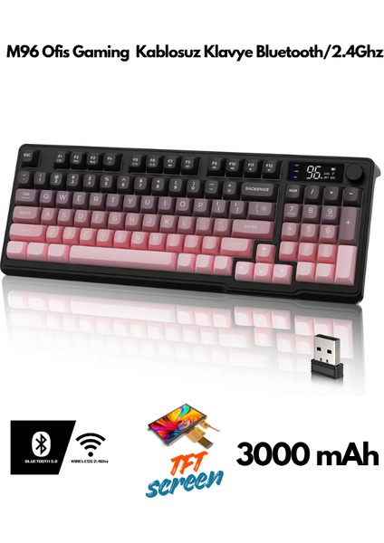 M96 Ofis Klavye Bluetooth/2.4g Kablosuz Oyuncu Klavye Işıklı USB Type-C Kablolu Şarjlı