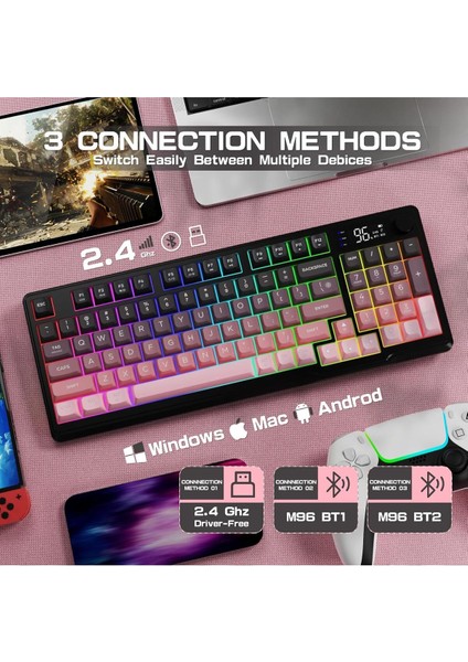 M96 Ofis Klavye Bluetooth/2.4g Kablosuz Oyuncu Klavye Işıklı USB Type-C Kablolu Şarjlı