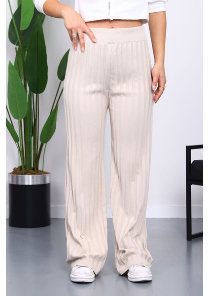 Taş Yüksek Bel Fitilli Bol Paça Triko Pantolon