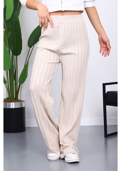 Taş Yüksek Bel Fitilli Bol Paça Triko Pantolon fiyatları