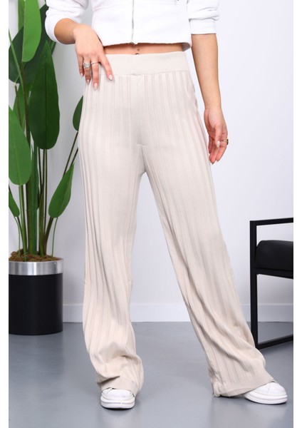 Taş Yüksek Bel Fitilli Bol Paça Triko Pantolon modelleri