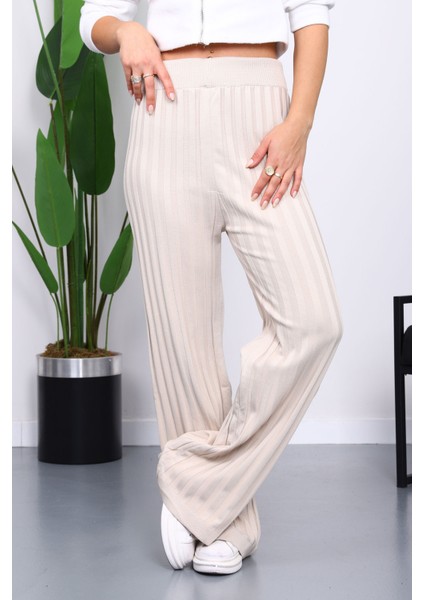 Taş Yüksek Bel Fitilli Bol Paça Triko Pantolon fırsatları