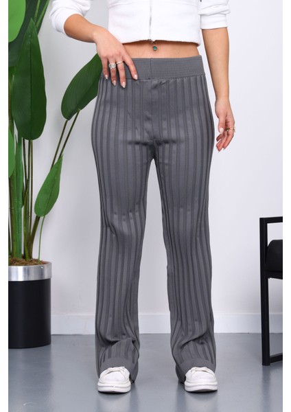 Füme Yüksek Bel Fitilli Bol Paça Triko Pantolon