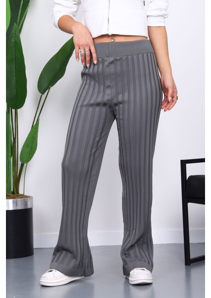 Füme Yüksek Bel Fitilli Bol Paça Triko Pantolon modelleri