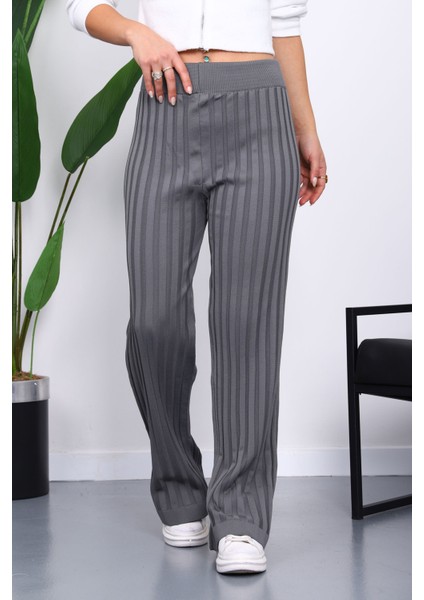 Füme Yüksek Bel Fitilli Bol Paça Triko Pantolon fırsatları