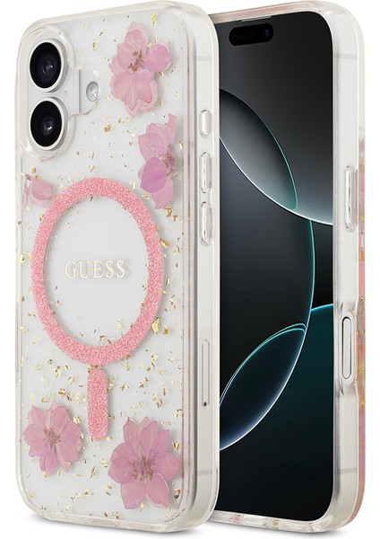 iPhone 17 Uyumlu Kılıf Guess Orjinal Lisanslı M-Safe Özellikli Transparan Resin Flowers Kapak Pembe