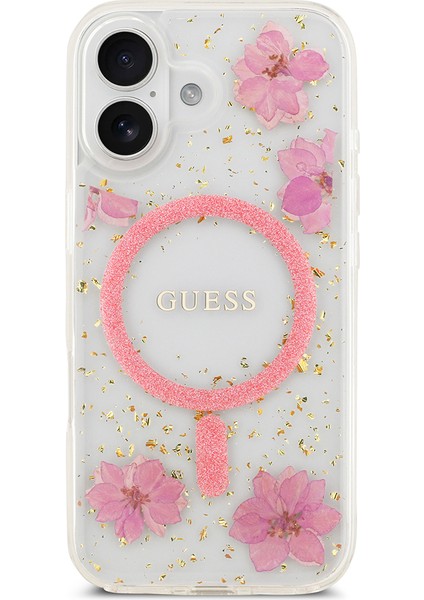 iPhone 17 Uyumlu Kılıf Guess Orjinal Lisanslı M-Safe Özellikli Transparan Resin Flowers Kapak Pembe modelleri