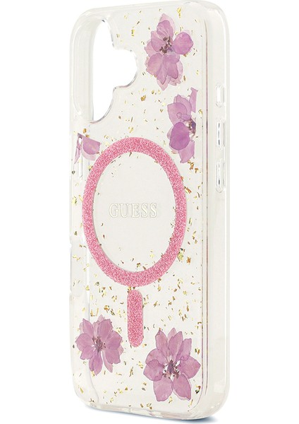 iPhone 17 Uyumlu Kılıf Guess Orjinal Lisanslı M-Safe Özellikli Transparan Resin Flowers Kapak Pembe