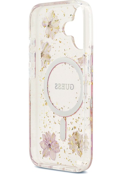 iPhone 17 Uyumlu Kılıf Guess Orjinal Lisanslı M-Safe Özellikli Transparan Resin Flowers Kapak Pembe