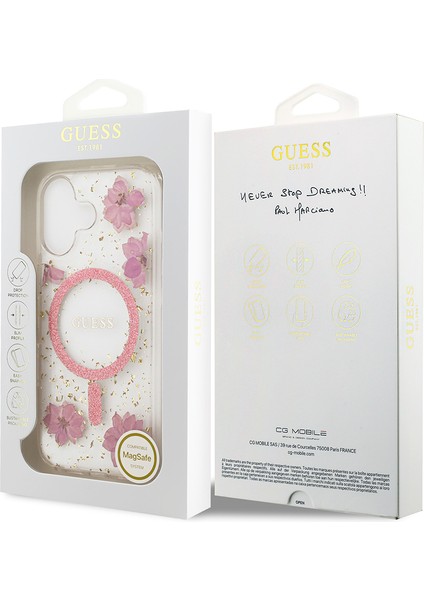 iPhone 17 Uyumlu Kılıf Guess Orjinal Lisanslı M-Safe Özellikli Transparan Resin Flowers Kapak Pembe