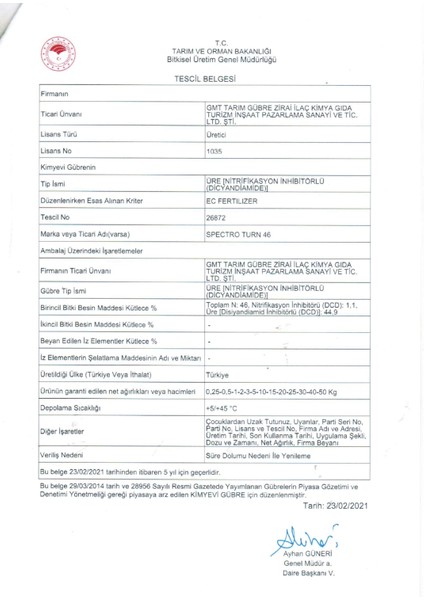Spectro Turn 46 Akıllı Üre Gübresi - Nitrifikasyon Inhibitörlü Granül - %46 Azot - %20 Karbon - %26 Oksijen - 40 kg indirimleri