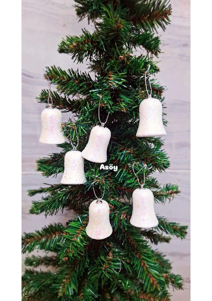 Yılbaşı Ağacı Süsü 4.5 cm Cici Beyaz Simli Çan Işıltılı Parıltılı Süs Parlak 6 Adet