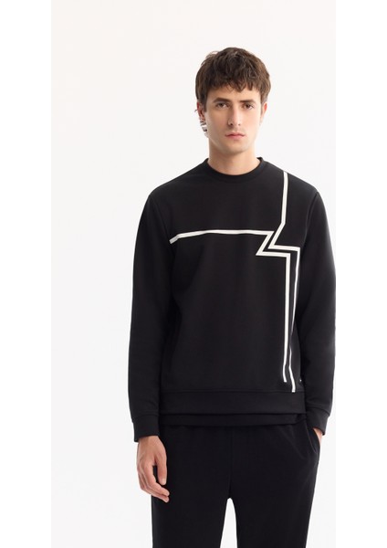 Erkek Siyah Bisiklet Yaka Pamuklu Bi-Stretch Baskılı Regular Fit Sweatshirt A52Y1284