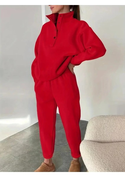 Kadın Uzun Kollu Balıkçı Dik Yakalı Düğmeli Üç Iplik Bluz ve Pantolon Ikili Takım