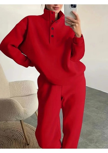 Kadın Uzun Kollu Balıkçı Dik Yakalı Düğmeli Üç Iplik Bluz ve Pantolon Ikili Takım fırsatları