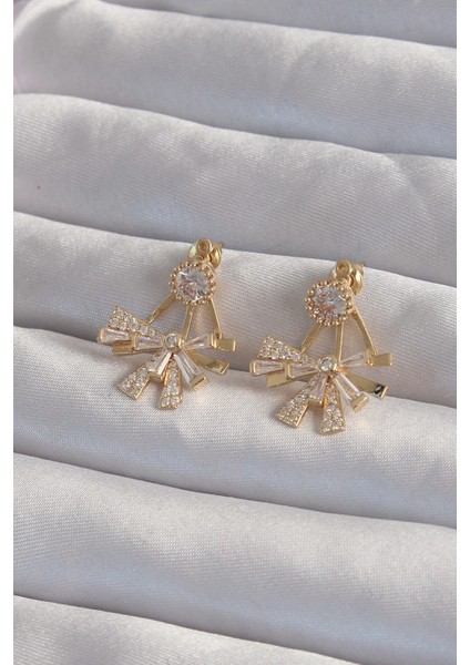 Bfs Pirinç Gold Renk Zirkon Taşlı Yassı Fiyonk Model Küpe