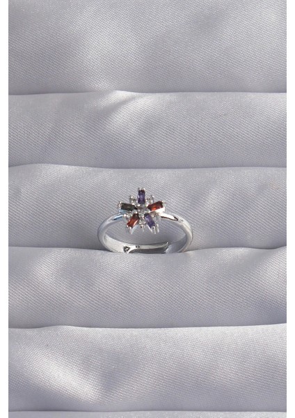 Bfs Pirinç Gümüş Renk Renkli Zirkon Taşlı Ayarlamalı Yüzük