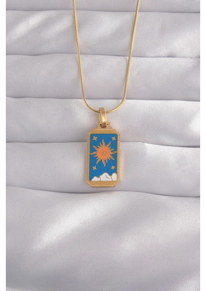 Bfs 316L Çelik Gold Renk Mavi Mineli Güneş Model Tarot Kolye