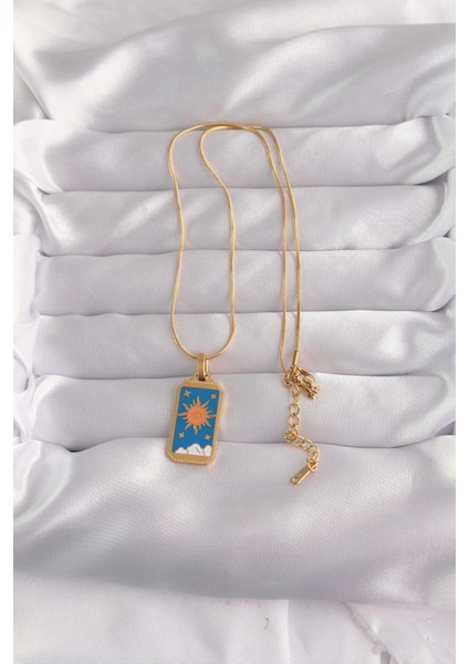 Bfs 316L Çelik Gold Renk Mavi Mineli Güneş Model Tarot Kolye fiyatları