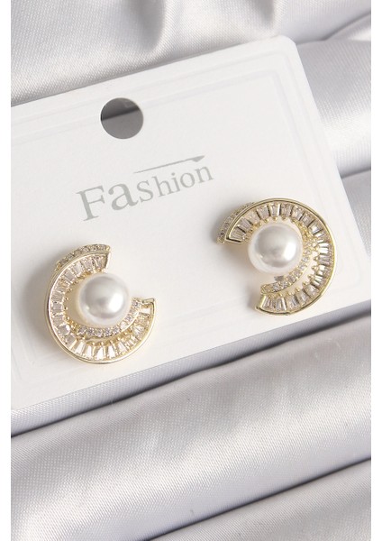 Bfs Pirinç Gold Renk Zirkon Taşlı Salyangoz Model Inci Detay Kadın Küpe