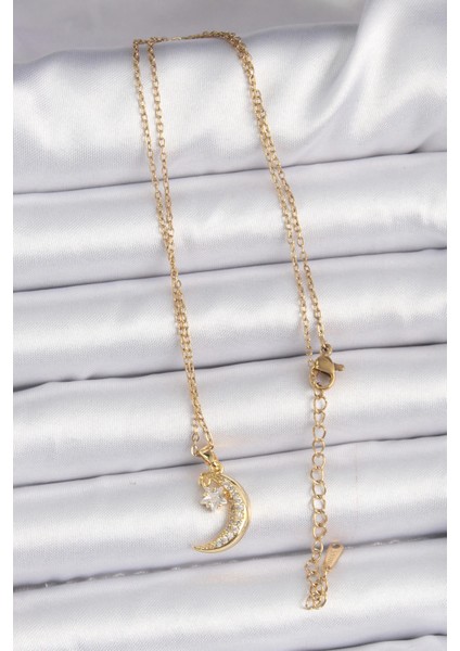Bfs 316L Çelik Zincir Altın Renk Zirkon Taşlı Sallantılı Ay Yıldız Kolye fiyatları