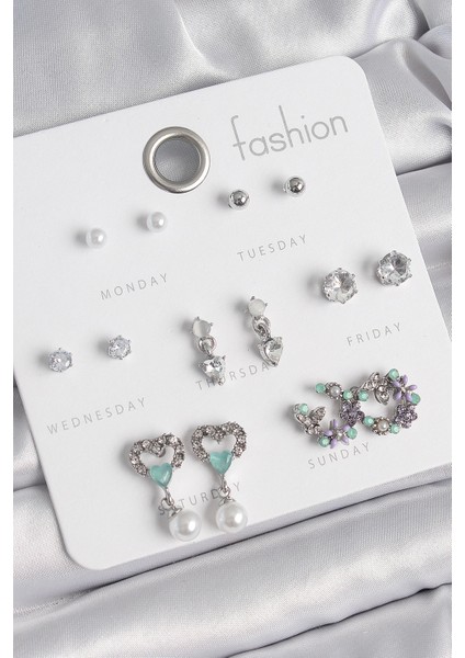 Bfs Pirinç Gümüş Renk Zirkon Taşlı Sallantılı Kalp Model Çiçek Detay 7 Çift Kadın Küpe Seti