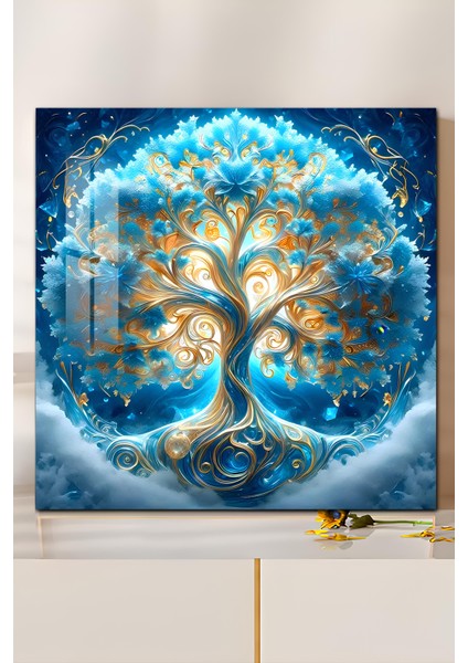 3D Görünümlü Temperli Cam Tablo – Altın Detaylı Hayat Ağacı Teması 33X33 cm Uv BASKI-CTK072