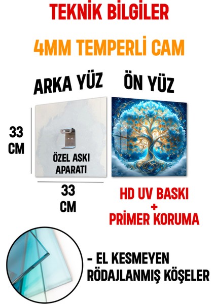 3D Görünümlü Temperli Cam Tablo – Altın Detaylı Hayat Ağacı Teması 33X33 cm Uv BASKI-CTK072
