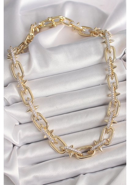 Bfs Pirinç Gold Renk Zirkon Taşlı Dikenli Halka Model Vıp Exculusive Seri Kadın Kolye fiyatları