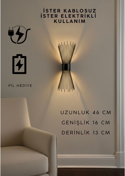 Siyah Pilli ve Elektrikli Modern Lüks Duvar Aplik Kirpi
